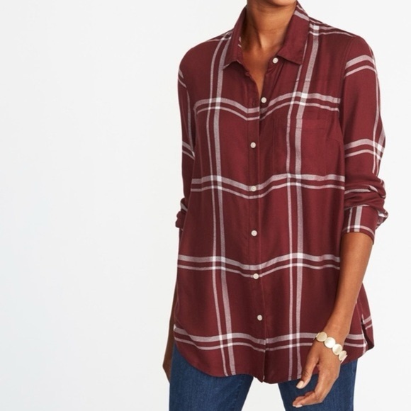 OLD NAVY Classic Shirt button down long sleeve flannel plaid shirt Crimson - Picture 1 of 6
